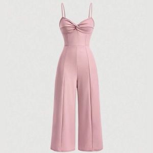 Women’s Solid Color Twist Front Wide Leg Jumpsuit With Spaghetti Straps